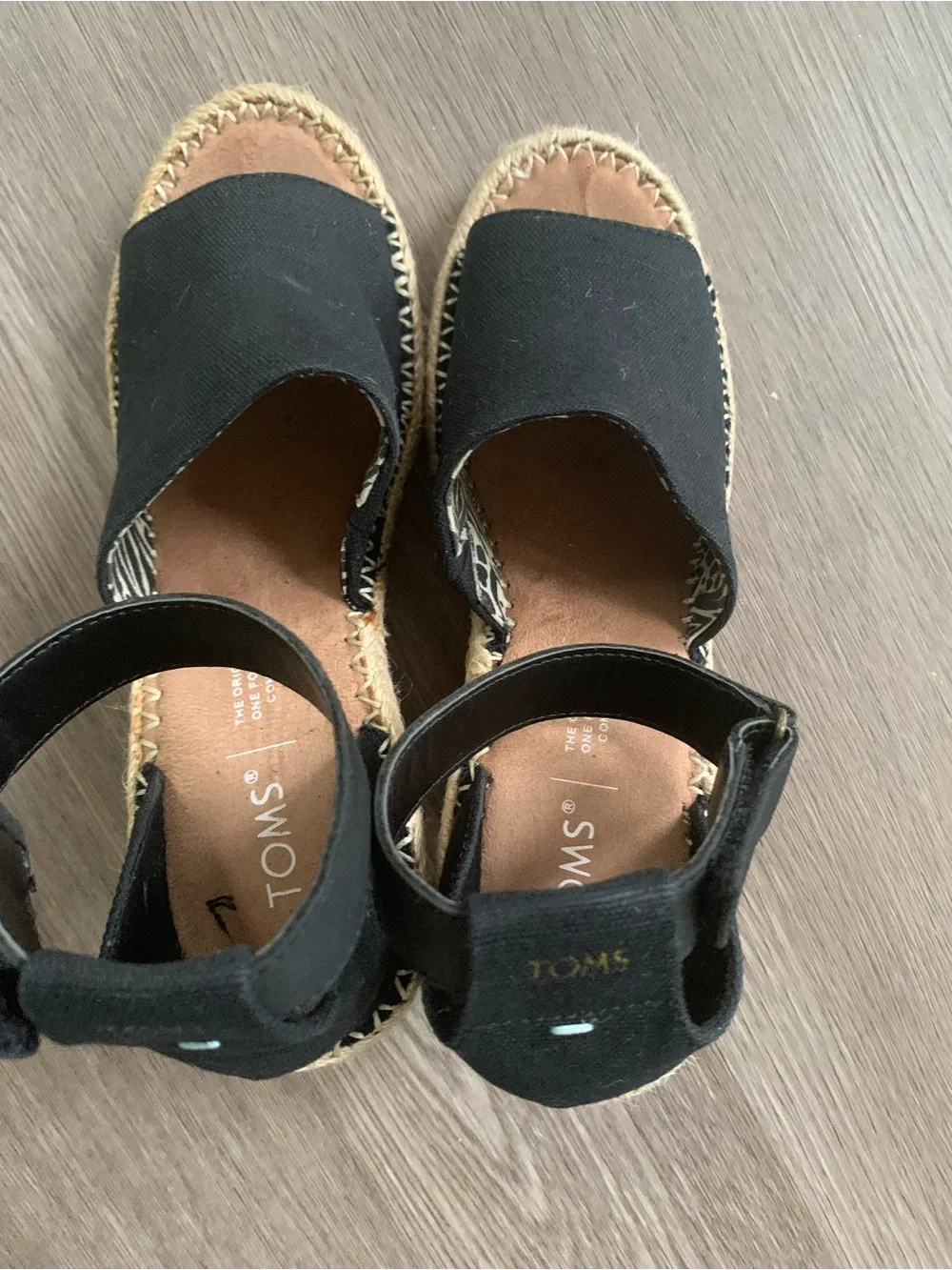 TOMS Black Canvas Espadrille Wedge Sandals with Ankle Strap